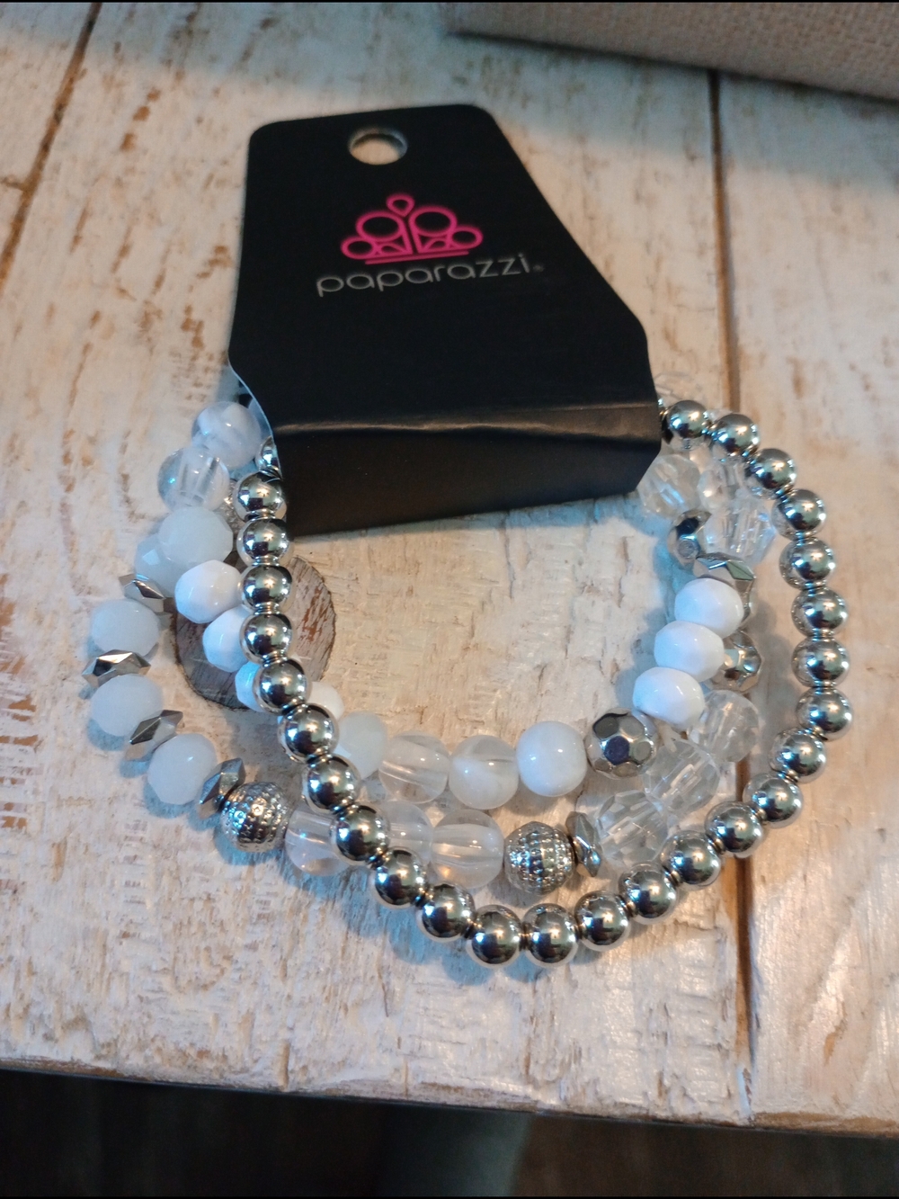 paparazzi White and Silver Mixed Bead Stretch Bracelet Set
